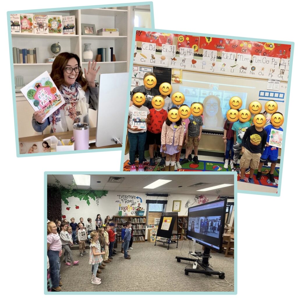 During an Author Visits virtual event, a woman waves while holding a children’s book; kids with smiley face emojis watch on a classroom screen, and another group gathers in the library around a large monitor.