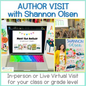 A promotional graphic for Author Visits features a colorful laptop keyboard surrounded by books, a cheerful photo of Shannon Olsen by a display, and kids raising hands. Text highlights both in-person and virtual Author Visits options.