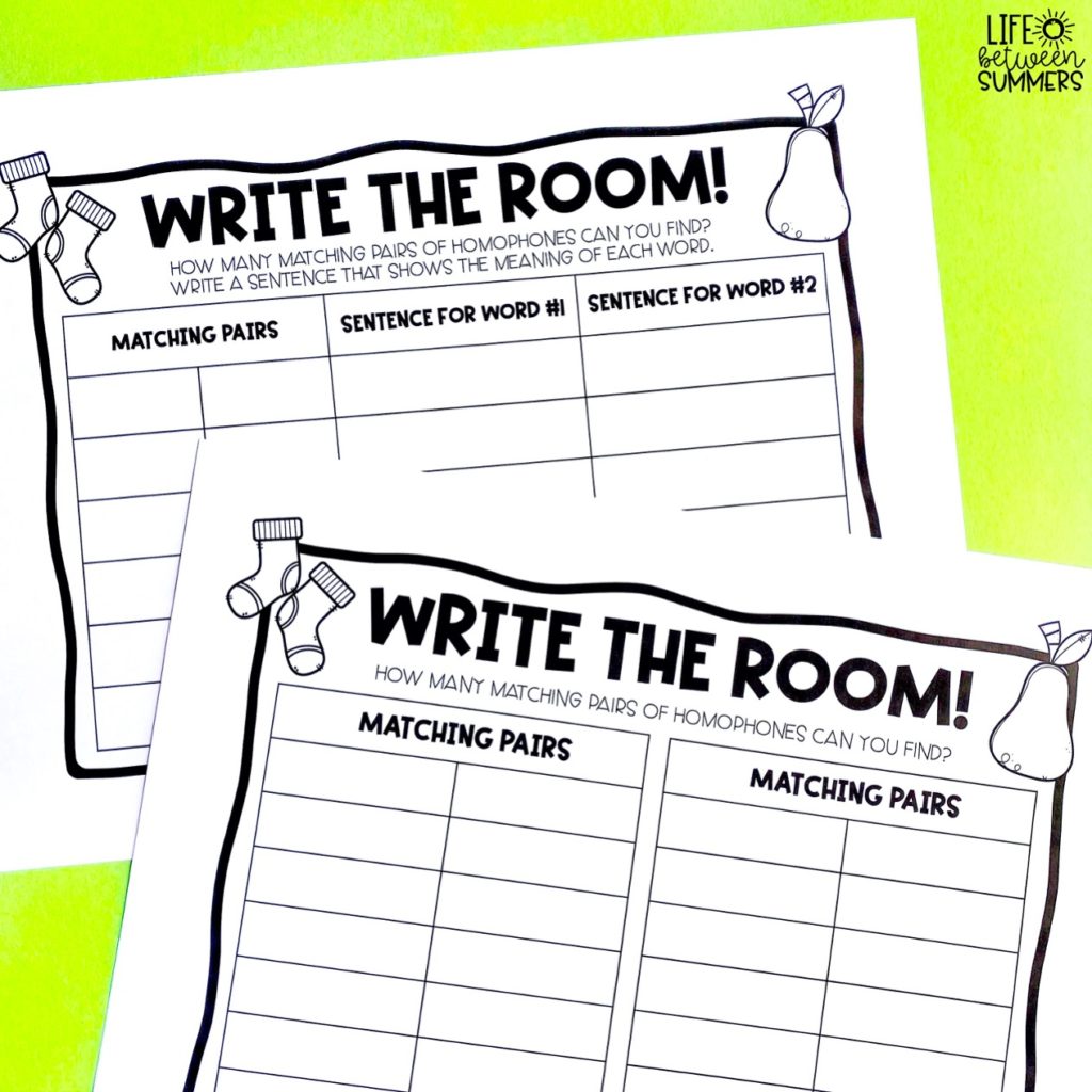 Write the Room recording sheets for homophones practice