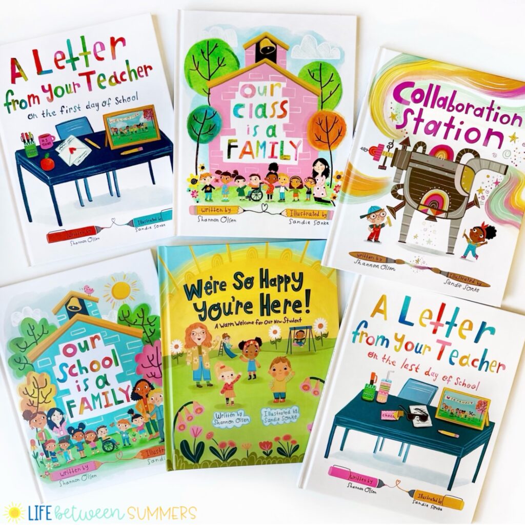 Five colorful childrens books about school and building classroom community are arranged on a white background, including titles like Our Class is a Family and A Letter from Your Teacher.