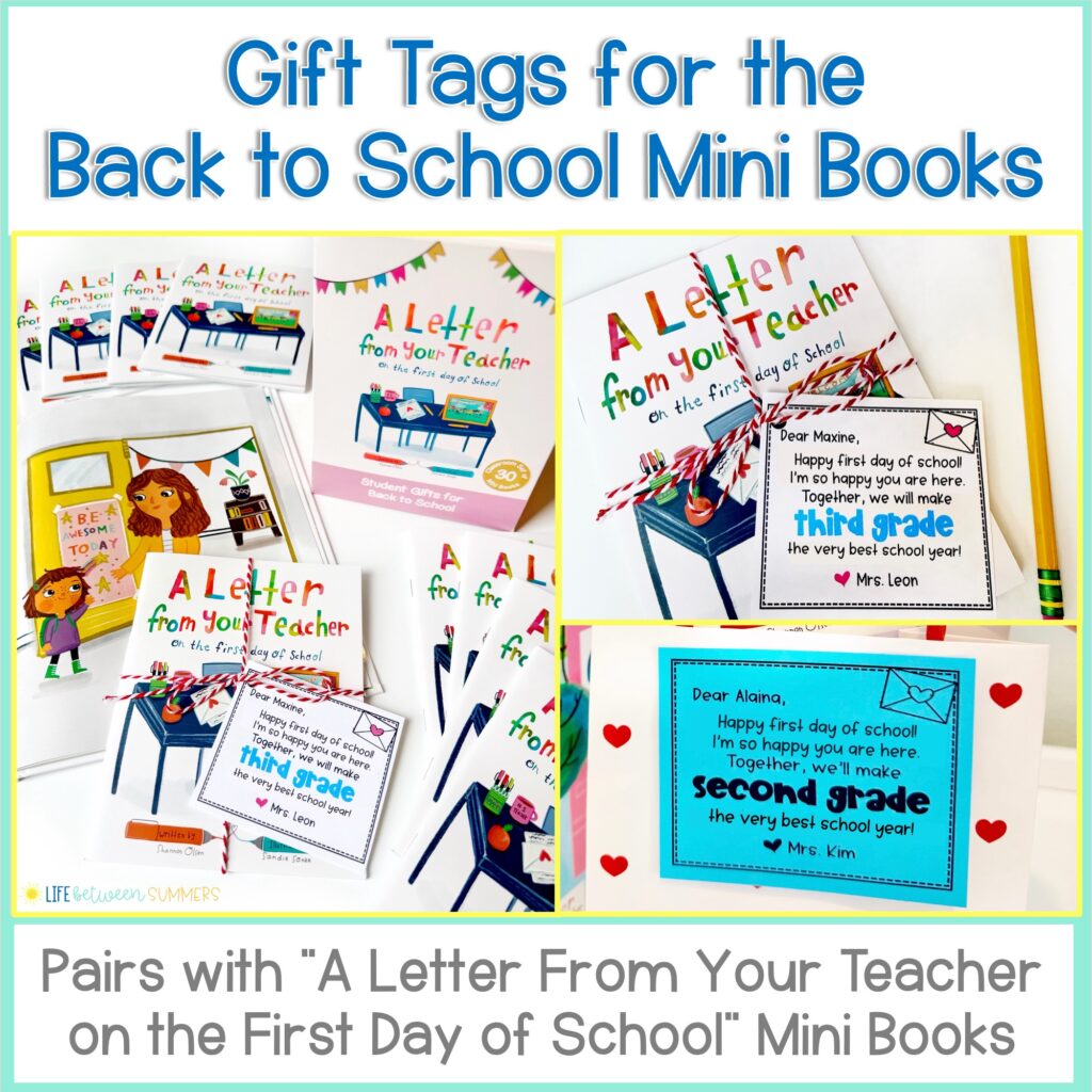 Colorful gift tags and mini books from the "Back to School Class Set of Mini Books: A Letter From Your Teacher on the First Day of School"—a perfect first day gift for students in any grade.
