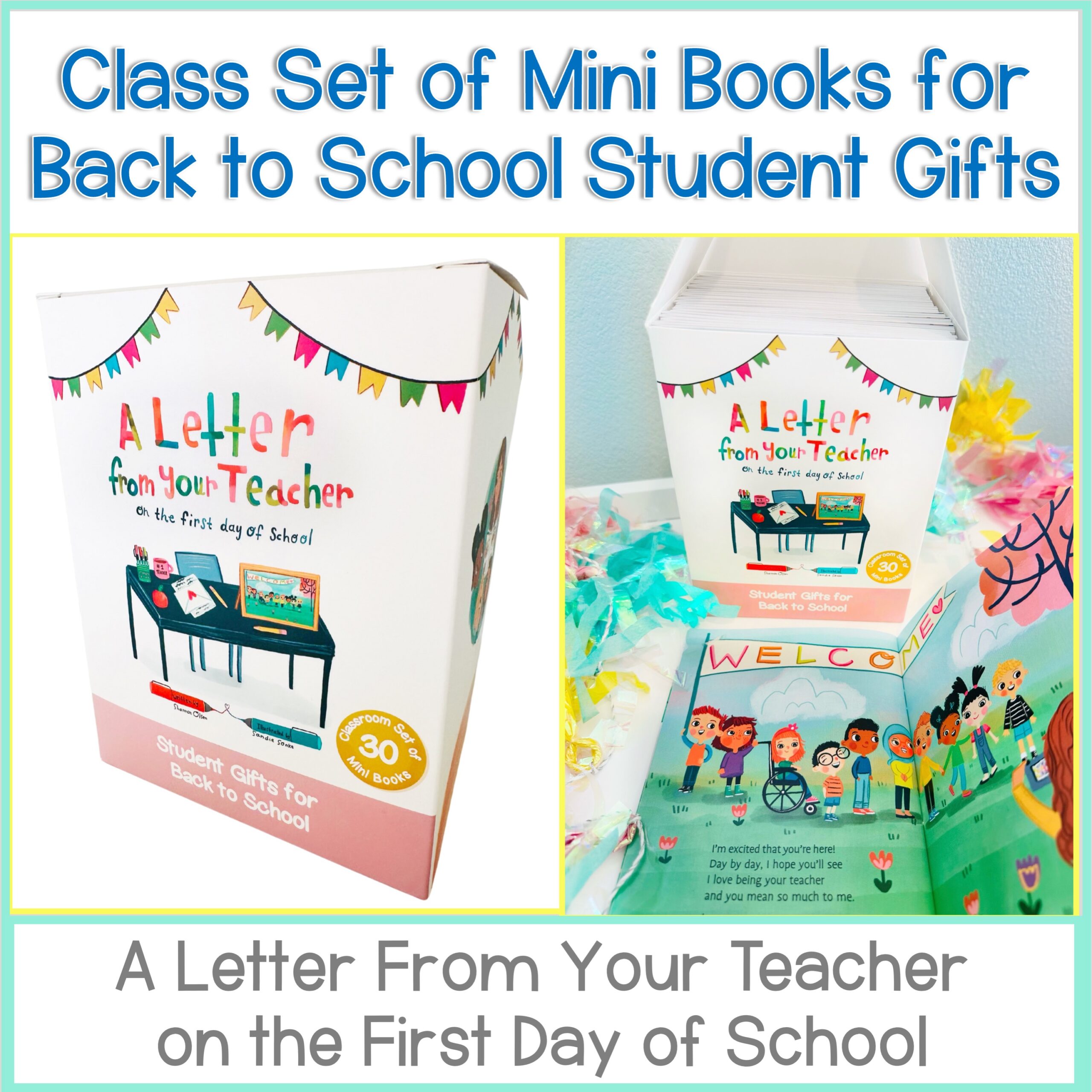 The Class Set of Mini Books: A Letter From Your Teacher on the First Day of School is displayed in a box, opened to a colorful "WELCOME" page. These charming mini books are perfect back-to-school gifts for students.