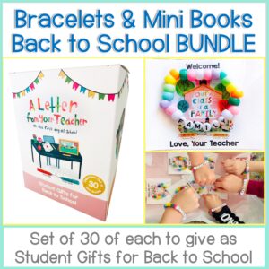 Colorful promo image for the BUNDLE - Back to School Bracelets & Mini Books, featuring a box labeled “A Letter From Your Teacher,” beaded bracelets, and children’s hands wearing the bracelets.
