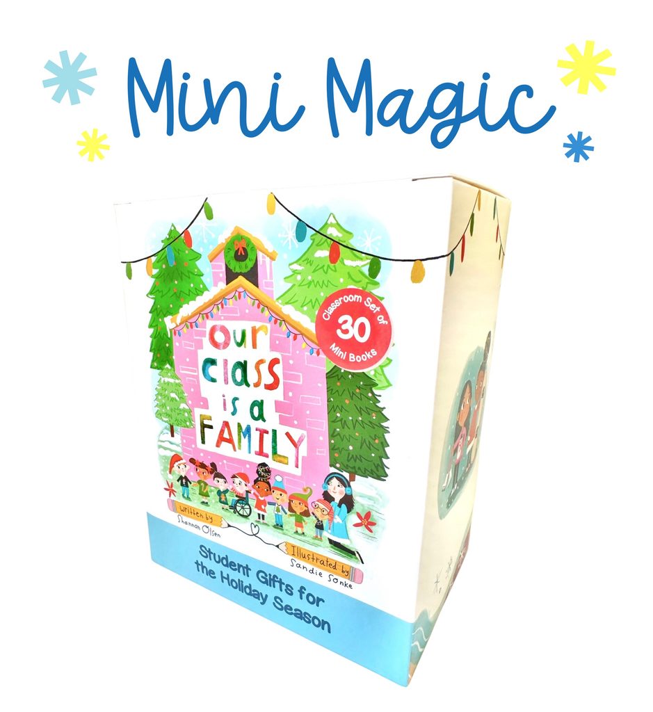 Box set of 30 mini books titled Our Class is a Family: Student Gifts for the Holiday Season, featuring a winter-themed illustration of a teacher and students.