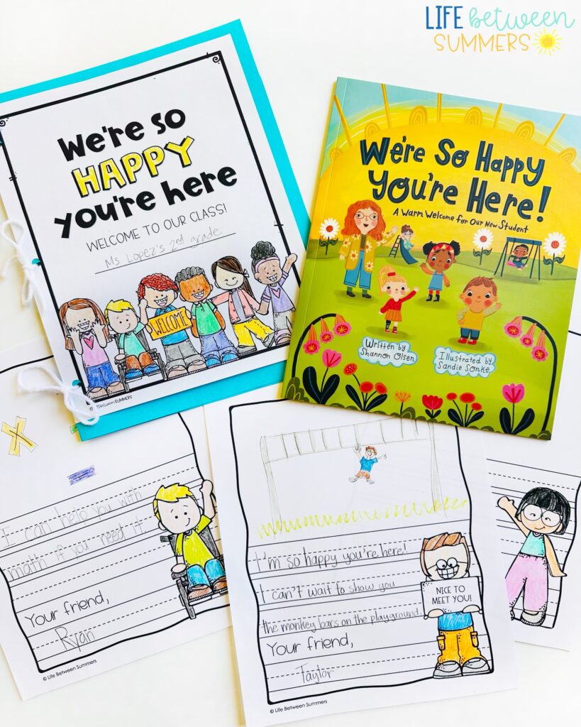 The "We're So Happy You're Here Book Companion- New Student Welcome Activity" features colorful activity sheets and notes to warmly welcome a new student to the classroom or group.