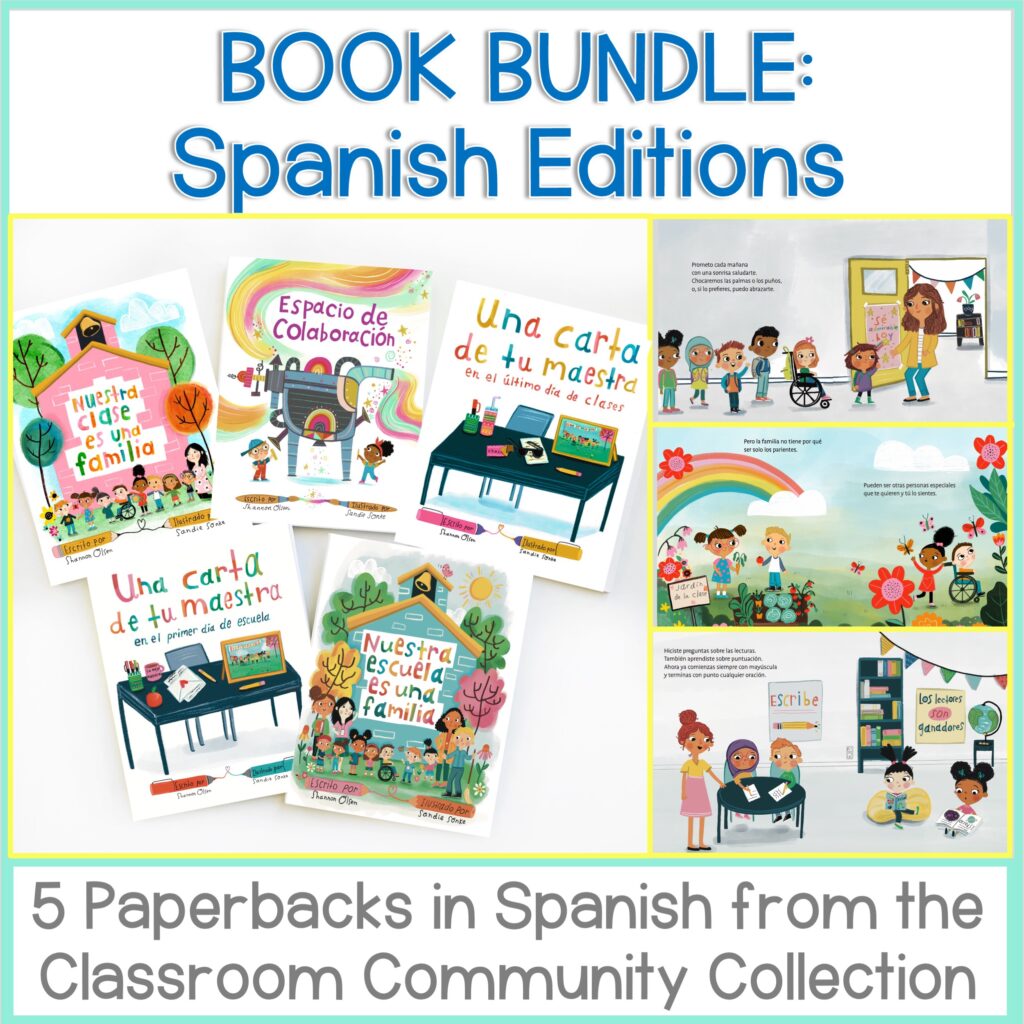 A promotional image for the Book Bundle: Spanish Editions displays five illustrated Spanish paperbacks and sample pages from the Classroom Community Collection. Text: BOOK BUNDLE: Spanish Editions. 5 Paperbacks in Spanish from the Classroom Community Collection.