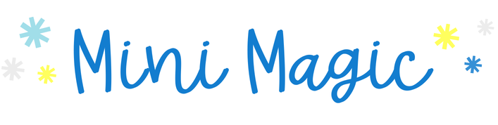The words Mini Magic are written in a playful blue script, surrounded by small, colorful starbursts in yellow, blue, and gray on a white background.