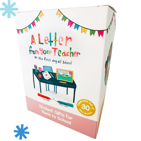 A colorful box labeled A Letter from Your Teacher on the First Day of School with images of a desk, books, and banners. The box mentions Student Gifts for Back to School and Classroom set of 30 mini books.