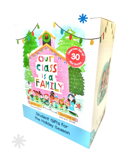 Box set of mini books titled Our Class is a Family, featuring an illustrated pink house with children and a teacher in front. The box advertises Classroom Set of 30 Mini Books and Student Gifts for the Holiday Season.