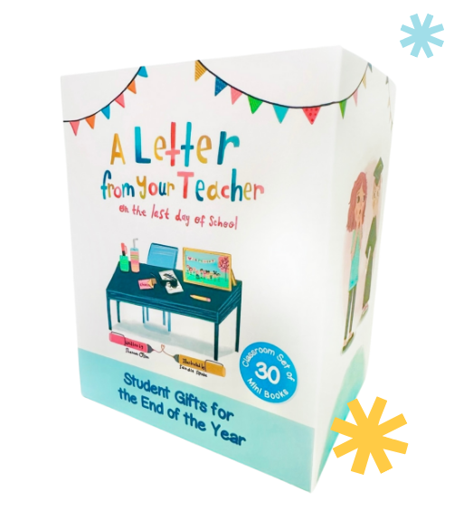 A box set titled A Letter from Your Teacher on the Last Day of School featuring illustrated children, a decorated desk, and colorful banners. Text notes it includes 30 mini books as student gifts for the end of the year.