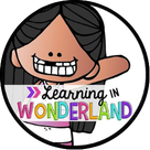 Cartoon image of a smiling girl with long black hair, holding out one arm. Text reads Learning in Wonderland, with Wonderland in colorful, rainbow letters. The image is inside a circular border.
