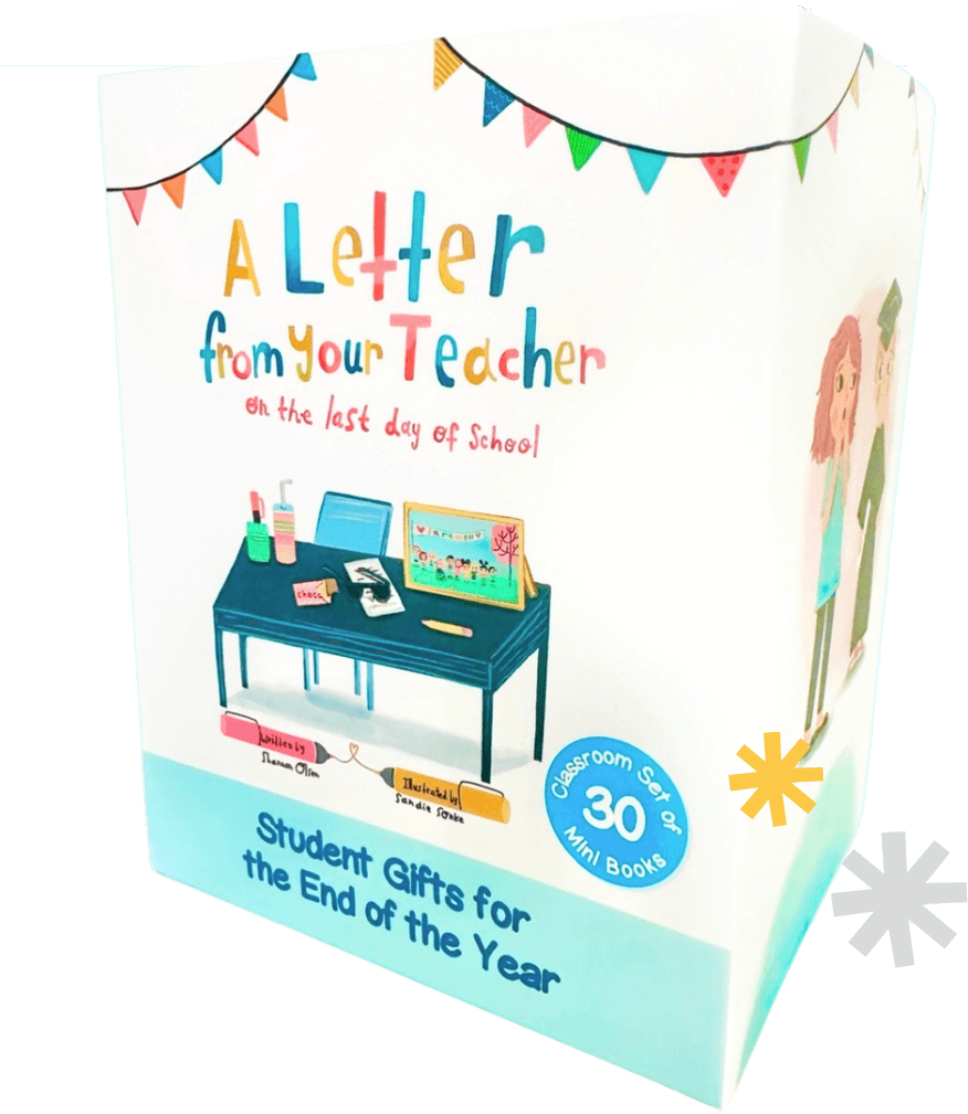 A colorful box titled A Letter from Your Teacher on the Last Day of School, featuring a drawing of a decorated desk and books. Text at the bottom reads Student Gifts for the End of the Year, 30 Mini Books.