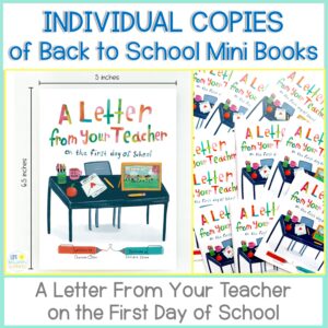 Promotional image for Individual Mini Books: A Letter From Your Teacher on the First Day of School, featuring the cover with a desk illustration and several individual mini books displayed to the side.