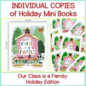 Image showing the cover and several copies of Individual Mini Books: A Letter From Your Teacher on the First Day of School, featuring diverse children, book size details, and promotional text.