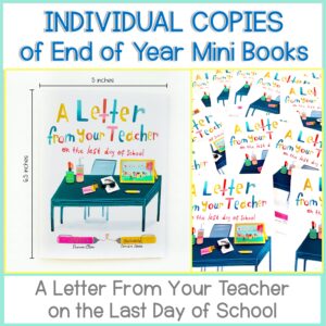 An illustrated cover of Individual Mini Books: A Letter From Your Teacher on the First Day of School features a desk with gifts and notes, with additional copies of the mini book shown next to a size diagram.