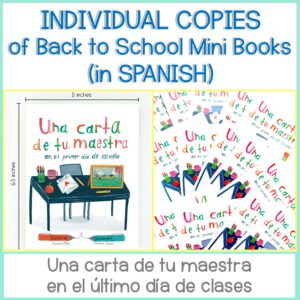 Promotional graphic for Individual Mini Books in Spanish: Una carta de tu maestra en el primer día de escuela, featuring the book cover, a fan of colorful mini booklets, and bilingual text.