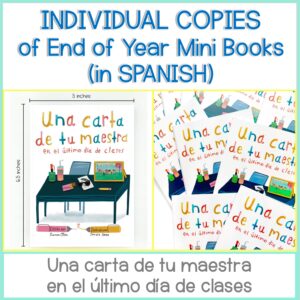 Promotional image for Individual Mini Books in Spanish: Una carta de tu maestra en el último día de clases, featuring its cover with desk and classroom supplies illustrations.