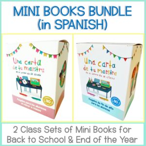 Two colorful Spanish mini book boxes sit side by side. Above: "Mini Books Bundle in SPANISH." Below: "Includes 2 class sets of mini books for Back to School & End of Year—a Shannon Olsen book bundle.
