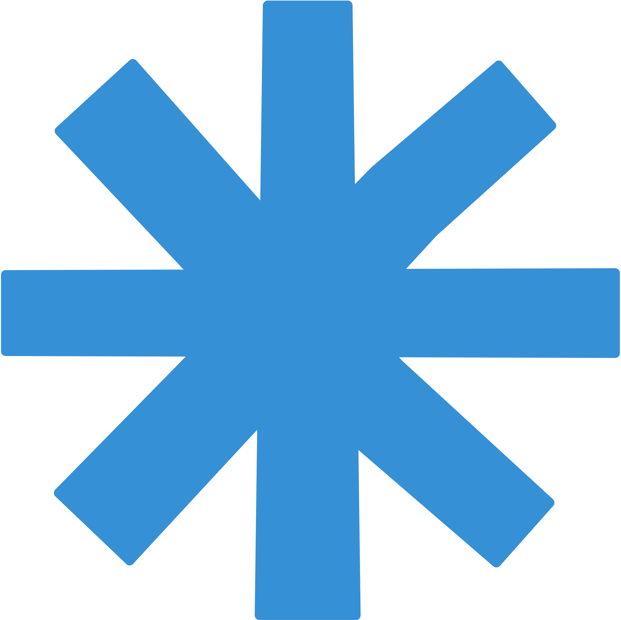 A large, solid blue asterisk symbol with evenly spaced arms on a white background.