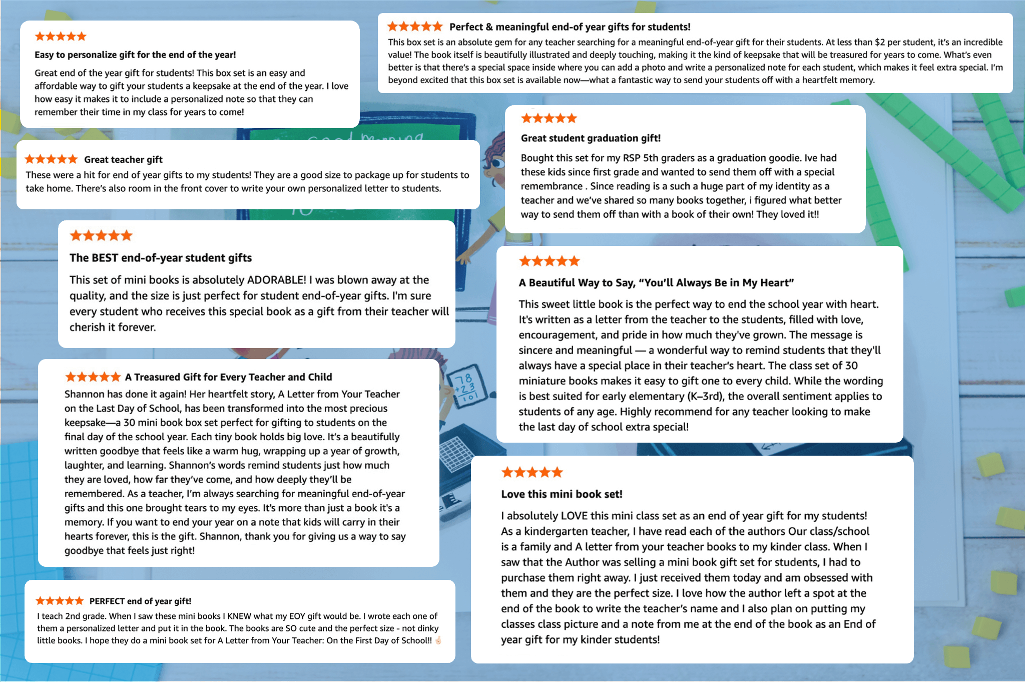 A collage of student and teacher gift reviews over a pastel background with school supplies and desks. Each review praises end-of-year gifts like personalized books and graduation gifts for teachers and students.