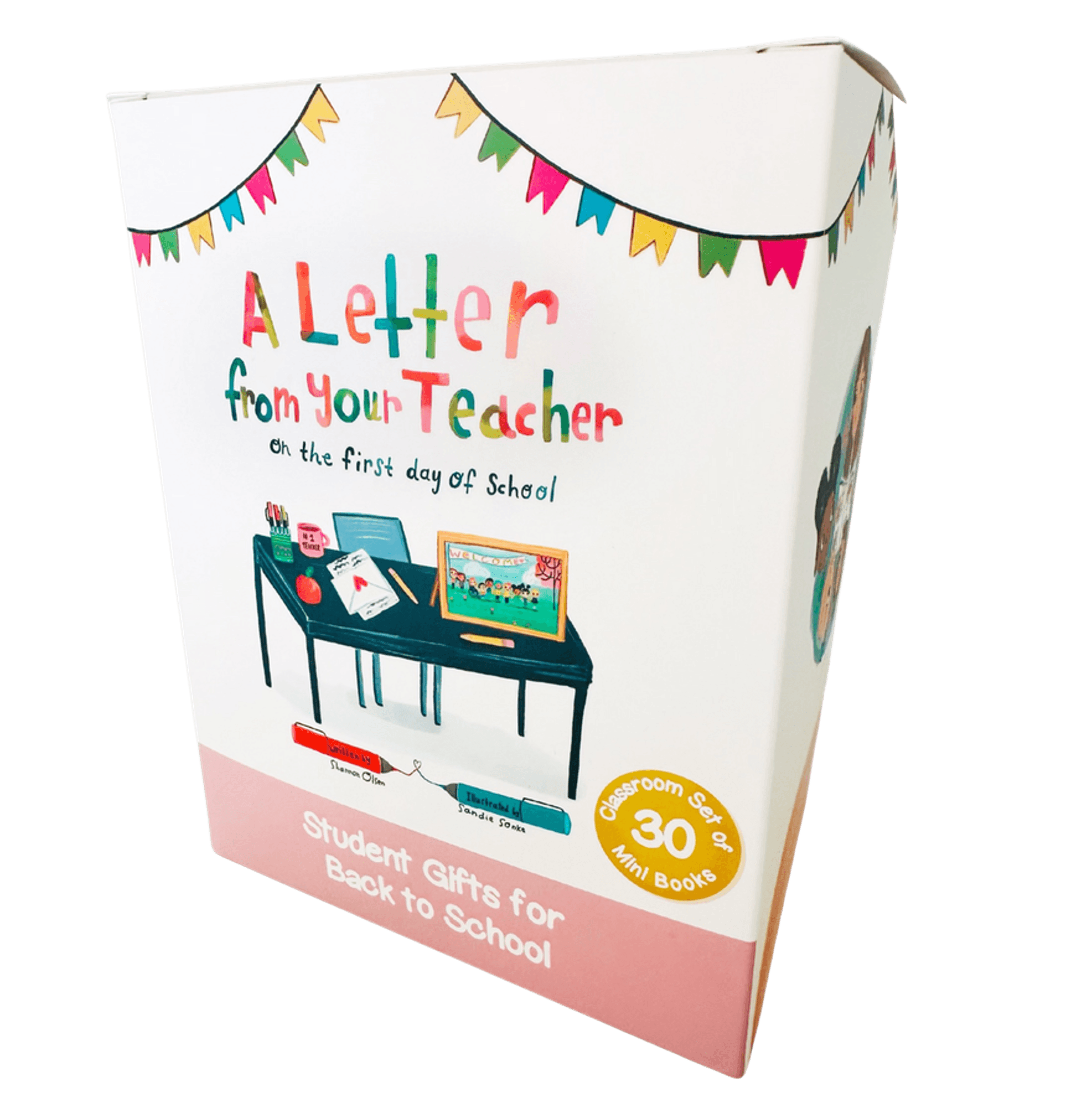 A box titled A Letter from Your Teacher on the First Day of School, featuring colorful bunting and an illustrated desk with school supplies. Text notes its a classroom set of 30 mini books for student back-to-school gifts.