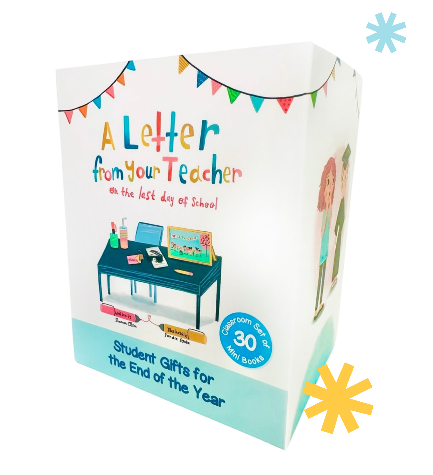 A box featuring colorful illustrations and the text A Letter from Your Teacher on the Last Day of School—Student Gifts for the End of the Year with images of a desk, books, and two figures.