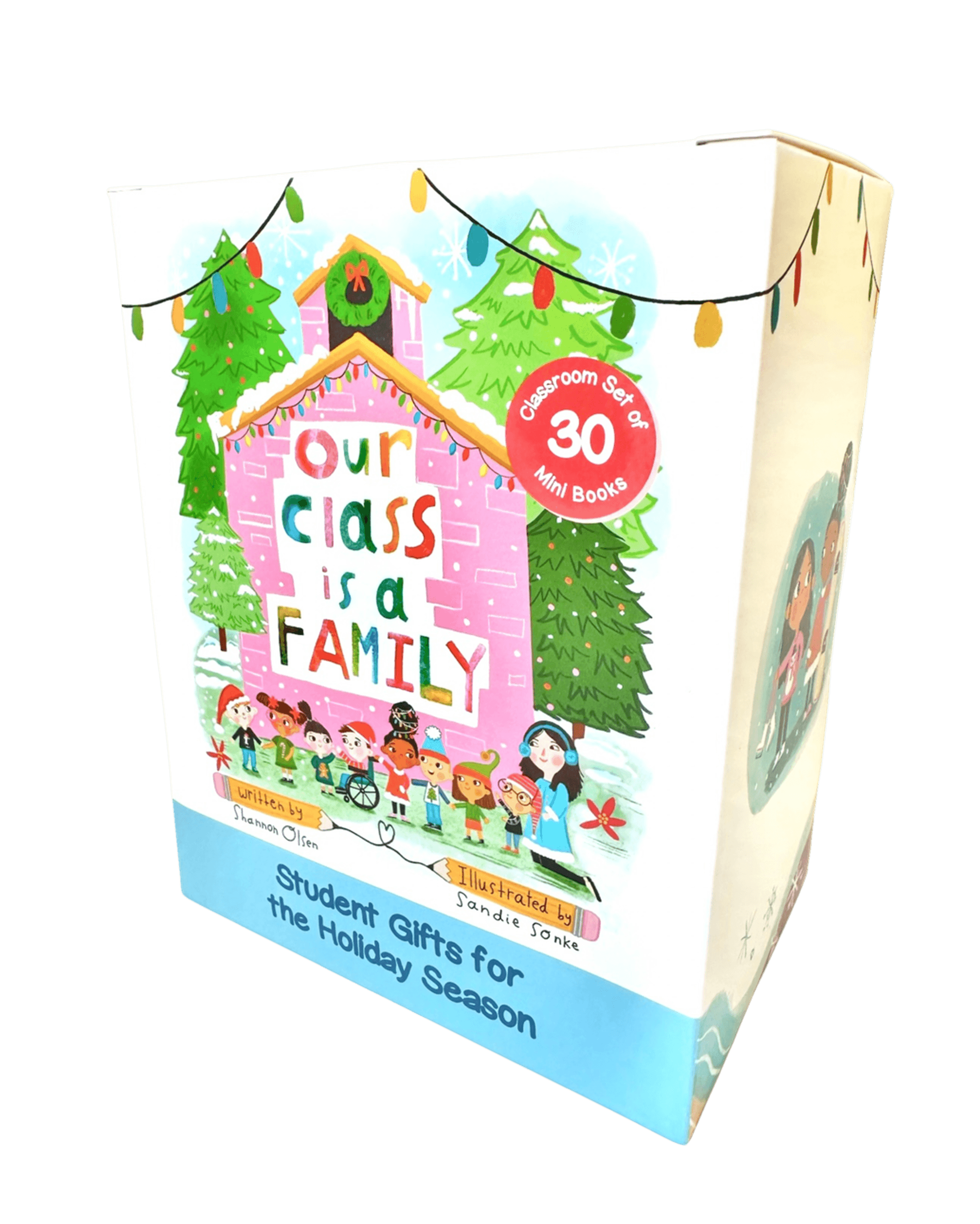 A colorful box set titled Our Class is a Family features an illustration of a diverse group of children and a teacher in front of a pink house. The box includes 30 mini books and is labeled as student gifts for the holiday season.
