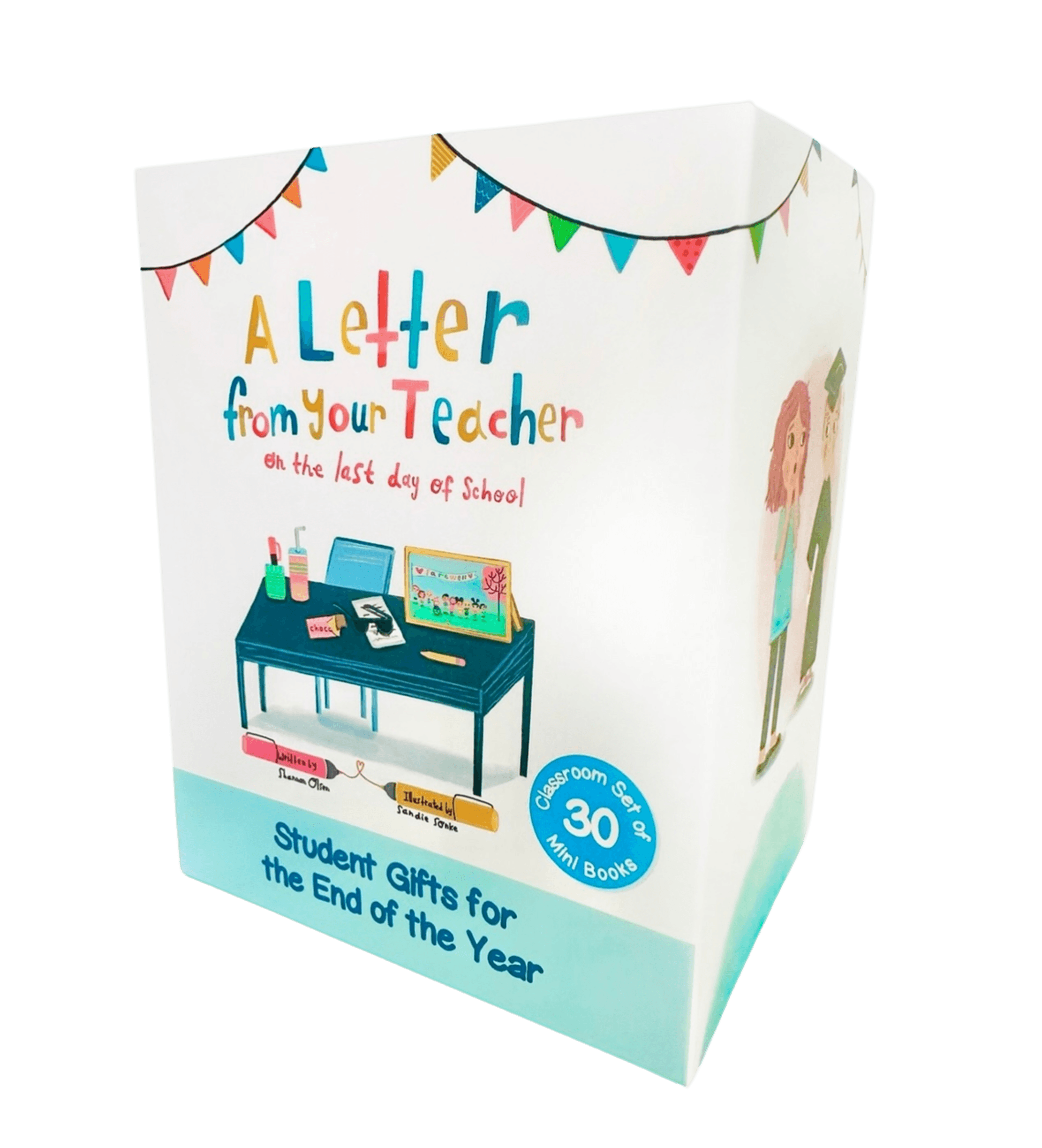 A colorful box labeled A Letter from your Teacher on the last day of School, featuring an illustrated desk, banner, and text about student gifts for the end of the year. The box contains a set of 30 mini books.