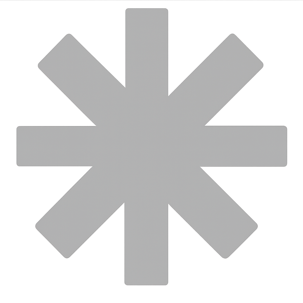 A large, gray, asterisk symbol with thick arms is centered on a plain white background.