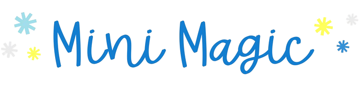 Mini Magic written in a playful blue script, surrounded by small blue and yellow asterisk-like sparkles on a light background.
