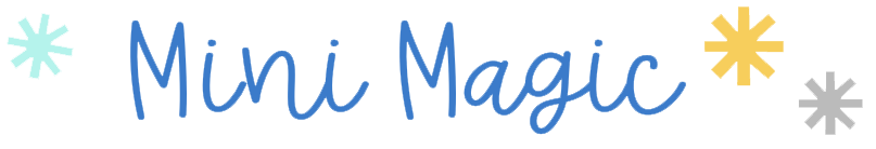 The words Mini Magic are written in blue cursive text, surrounded by colorful asterisk-like sparkles in light blue, yellow, and gray on a light background.