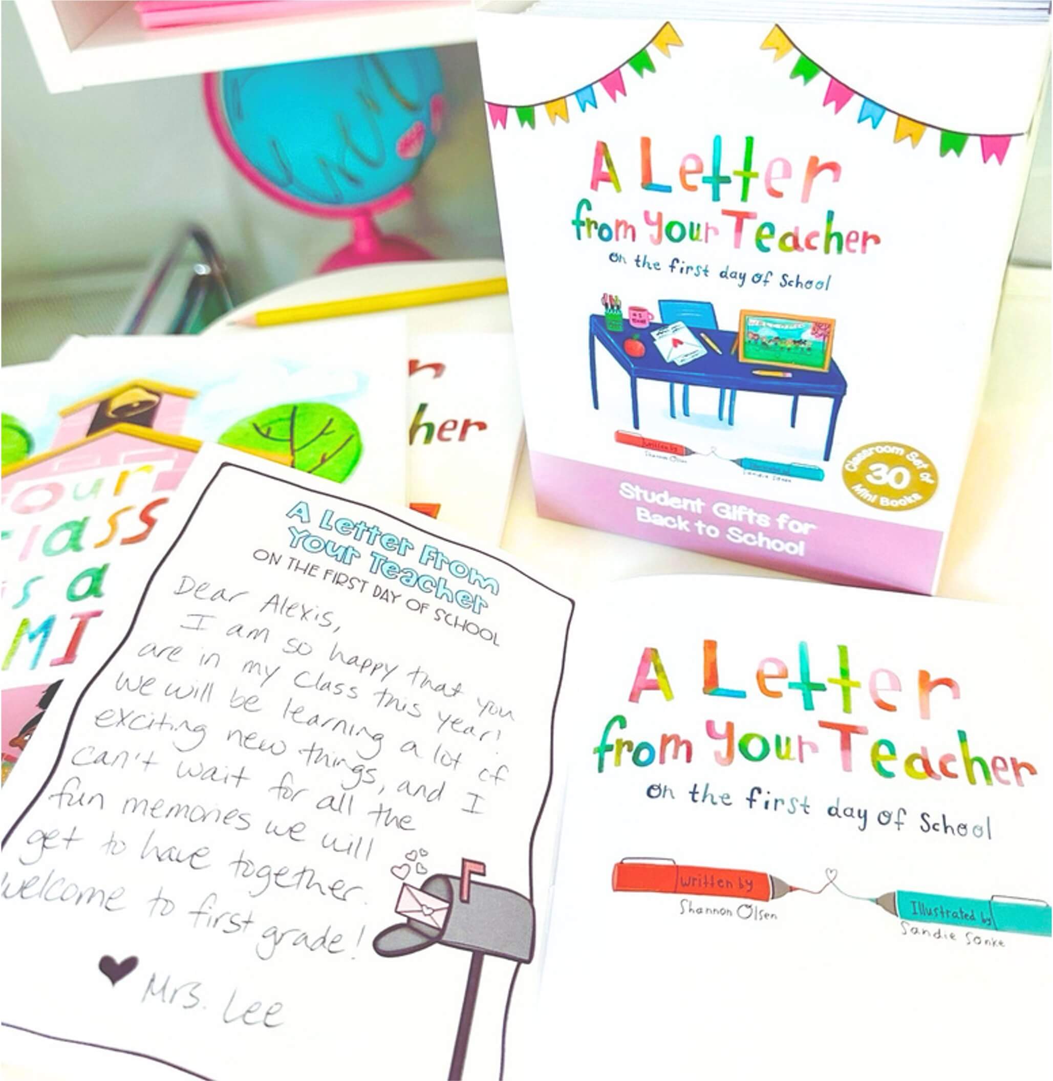 A colorful display of A Letter from Your Teacher back-to-school packets, with handwritten letters from a teacher welcoming students to first grade and illustrations of a school desk and supplies.