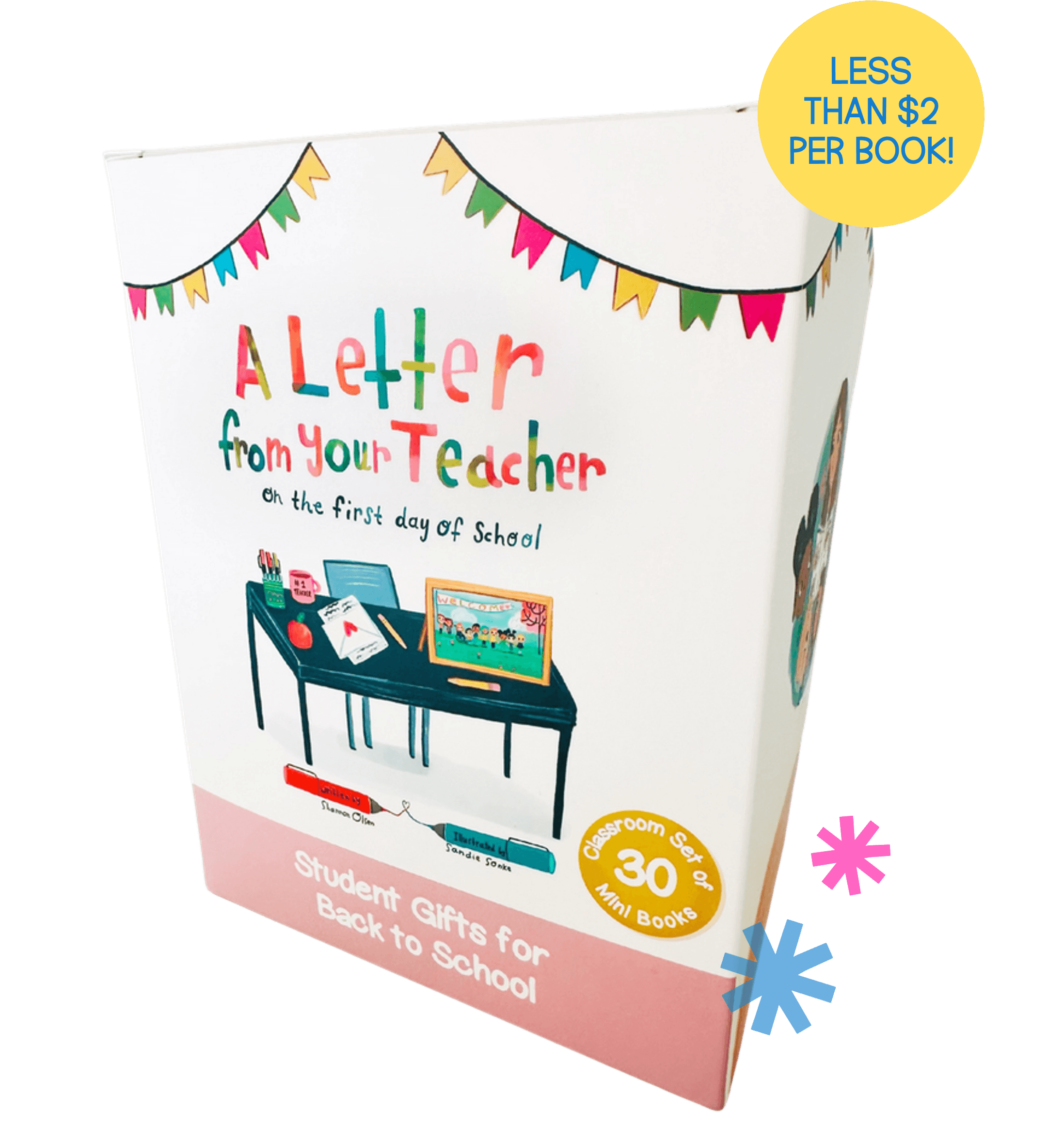 A colorful classroom-themed box labeled A Letter from Your Teacher on the First Day of School, containing 30 mini books for student gifts. A blue sticker says Less than $2 per book! and pink and blue stars decorate the image.