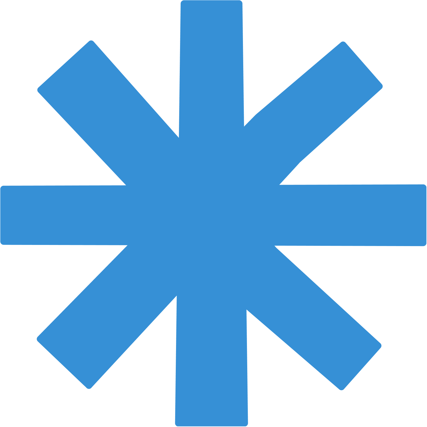 A large, solid blue asterisk symbol with eight thick, evenly spaced arms on a white background.