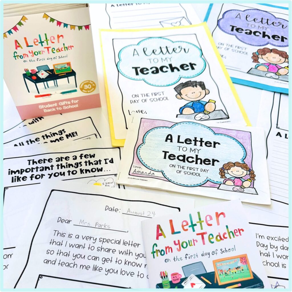 A collection of colorful “A Letter to My Teacher” booklets and worksheets for students, featuring illustrations of children, pencils, and school themes, arranged on a white surface.