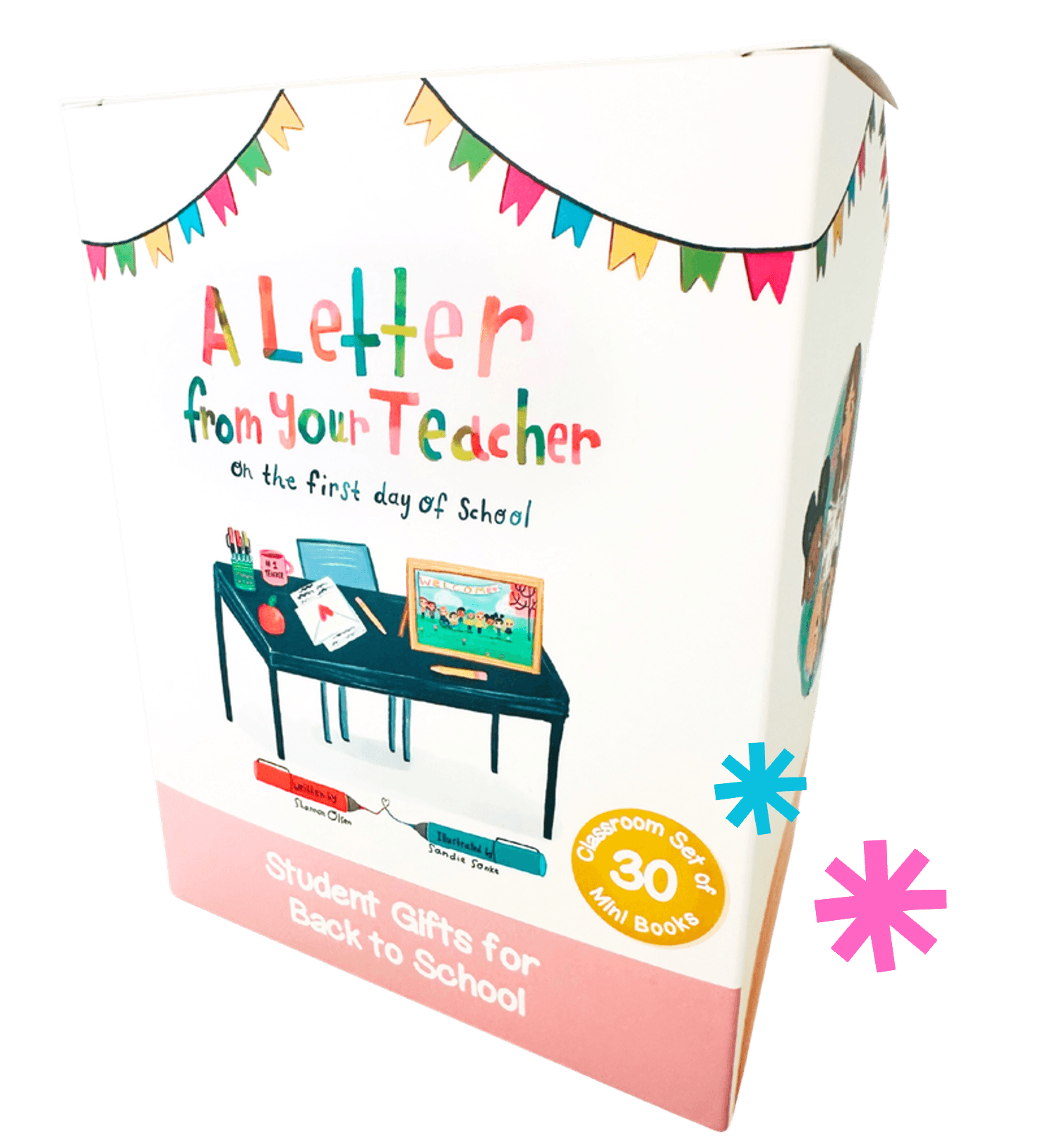A colorful box labeled A Letter from Your Teacher on the First Day of School, decorated with bunting, a classroom desk illustration, and a yellow sticker that says Classroom Set of 30 Mini Books.