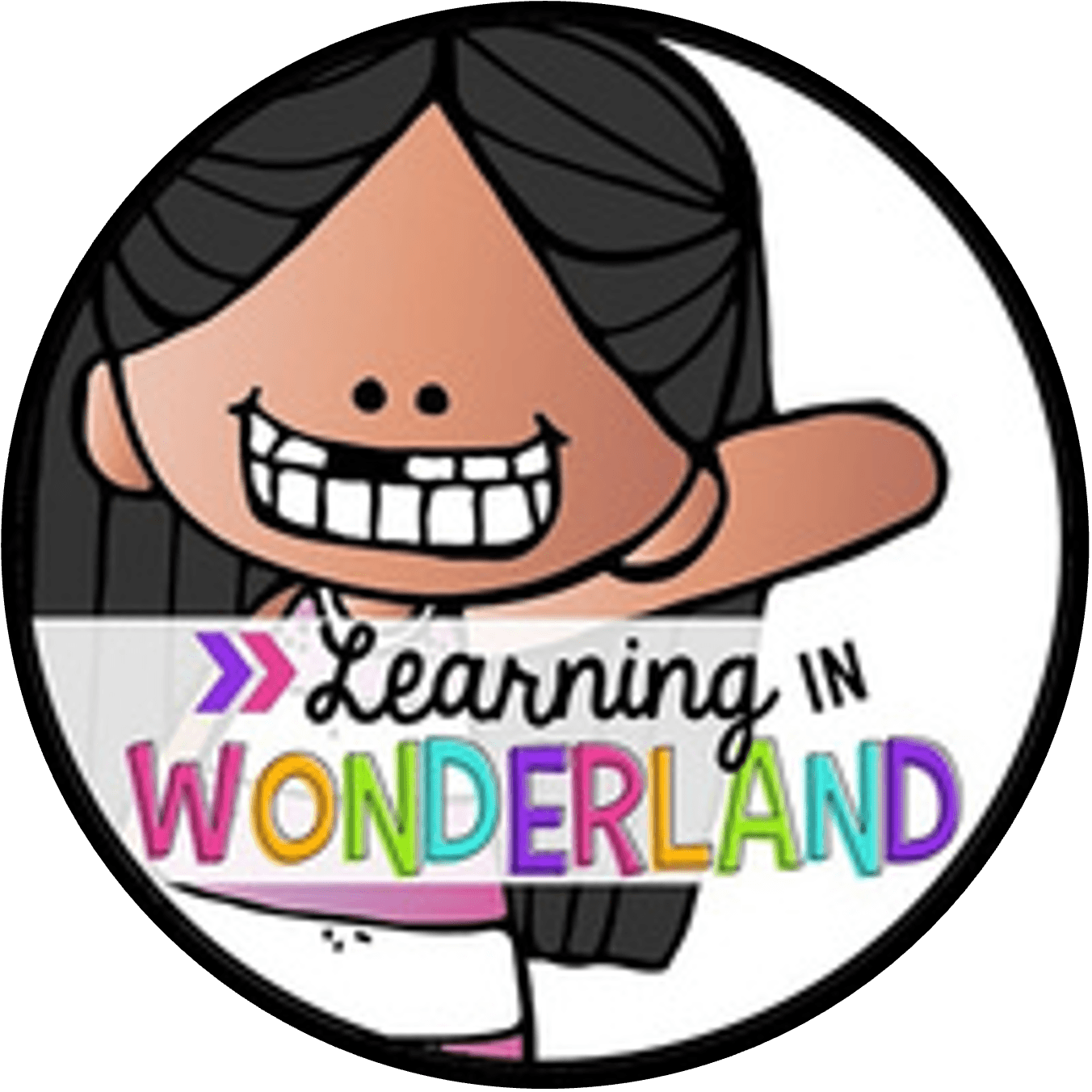 Smiling cartoon girl with long black hair and outstretched arm. Text below reads Learning in Wonderland, with Wonderland in colorful rainbow letters. The image is inside a black circular border.