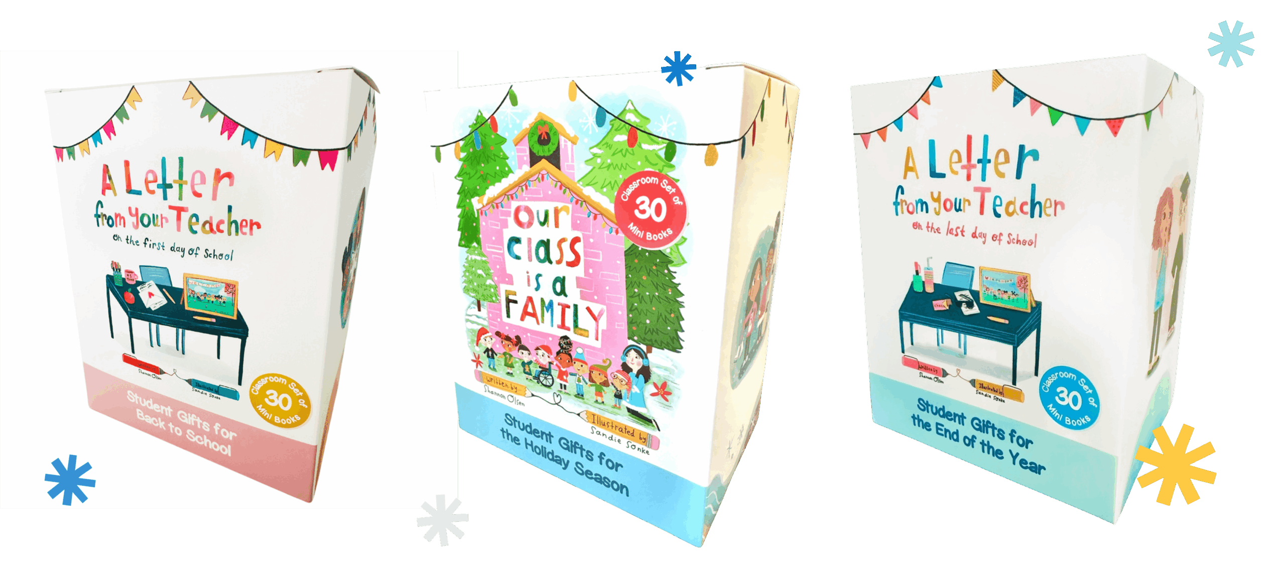 Three colorful gift boxes with school-themed designs. The boxes are labeled “A Letter from Your Teacher” and “Our Class is a Family,” and are displayed on a white background with decorative starbursts.