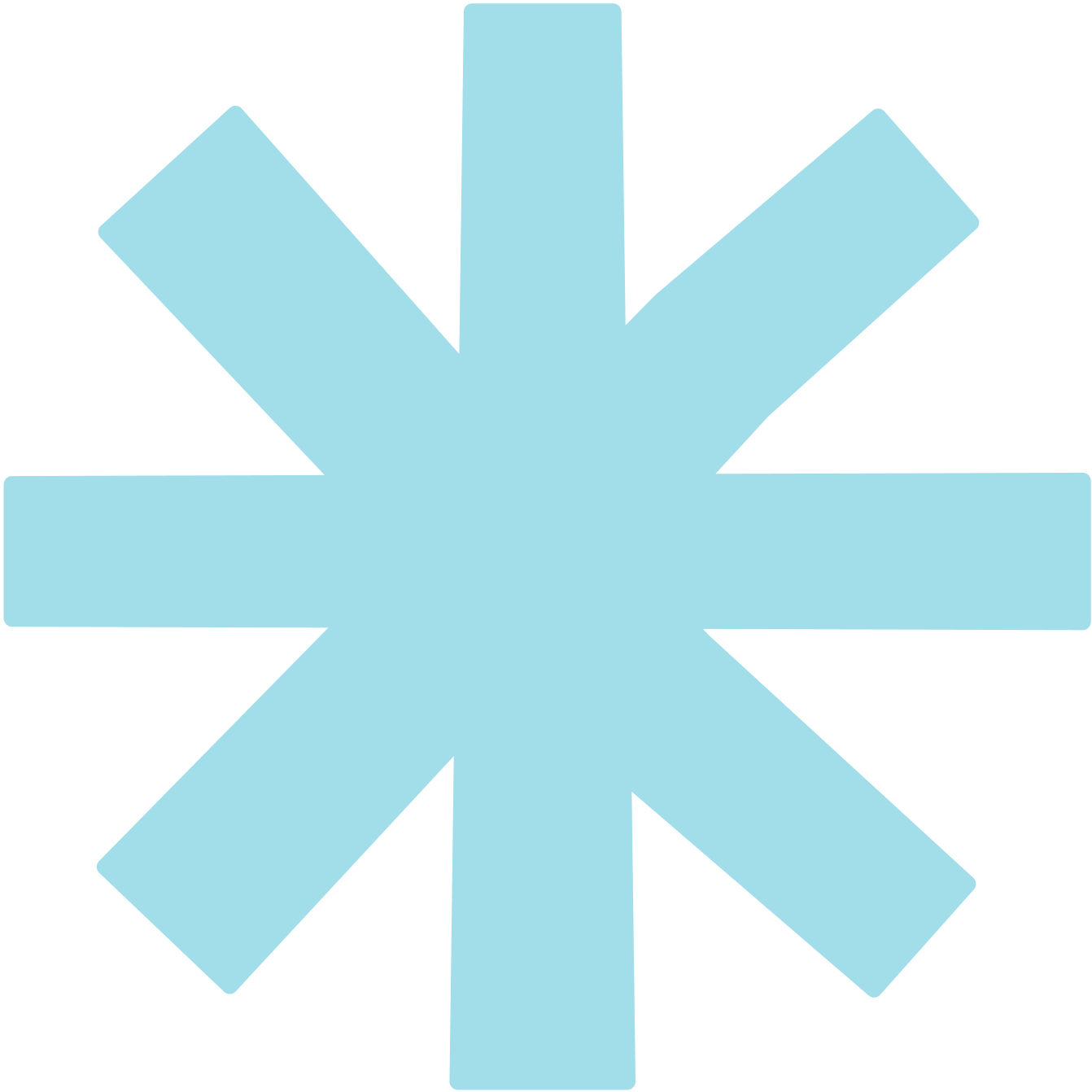 A large, light blue asterisk symbol with straight, thick lines on a plain white background.