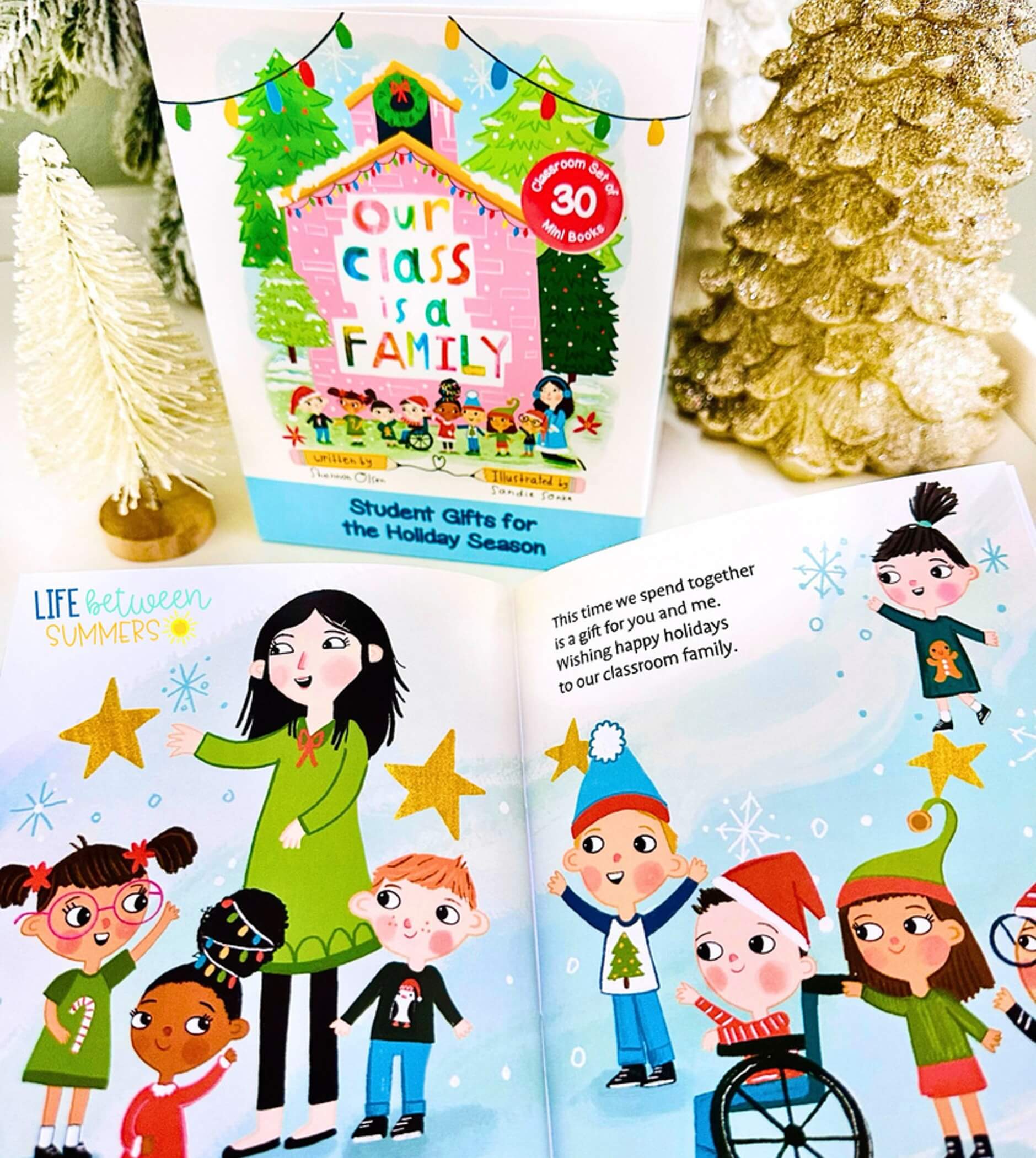 A holiday-themed childrens book titled Our Class is a Family is shown; an open page displays diverse kids with a female teacher, stars, and festive decorations. The book focuses on classroom community and holiday spirit.