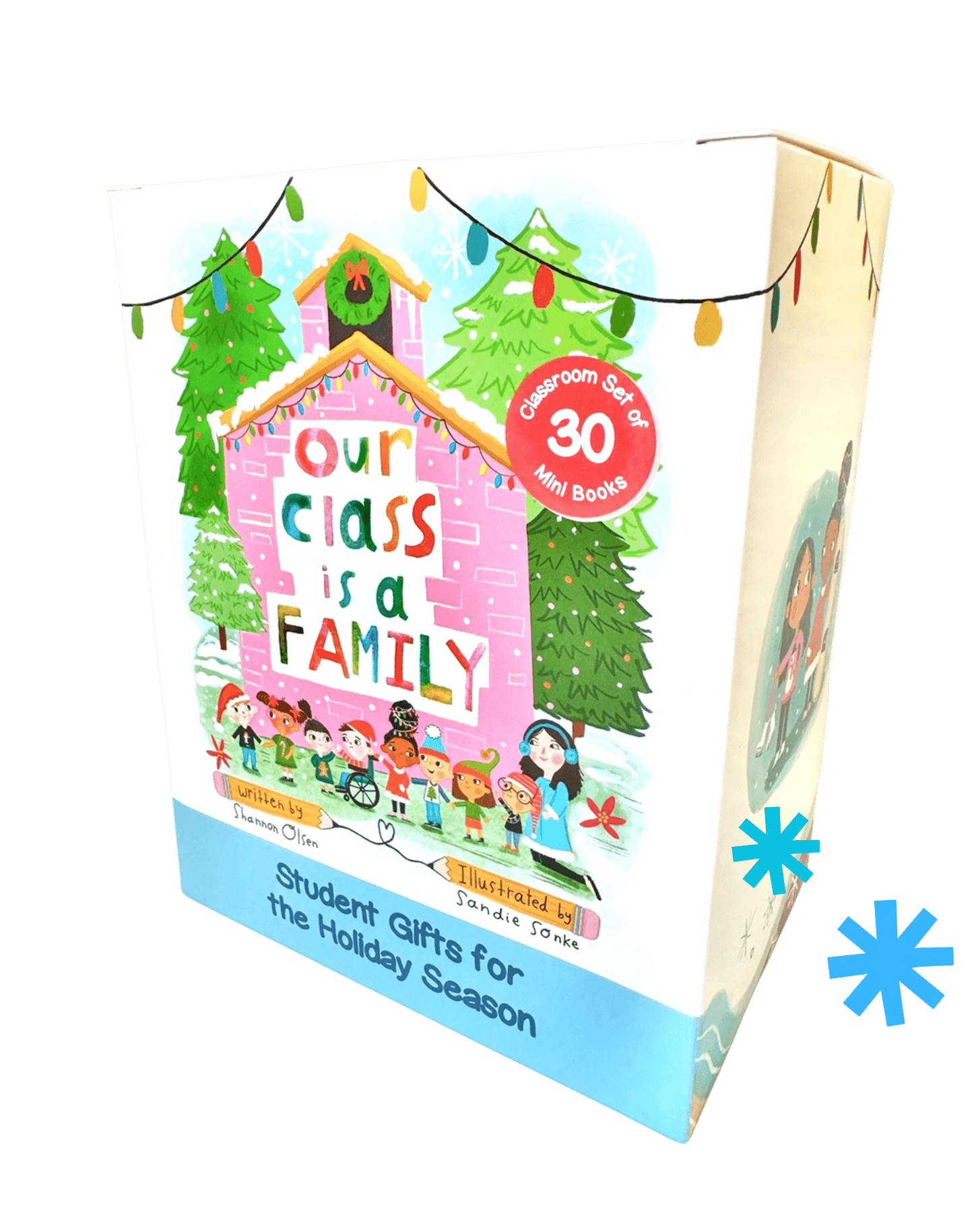 Box of Our Class is a Family classroom set with 30 mini books, featuring an illustrated pink house, children, and teacher on the cover. The box also says Student Gifts for the Holiday Season..