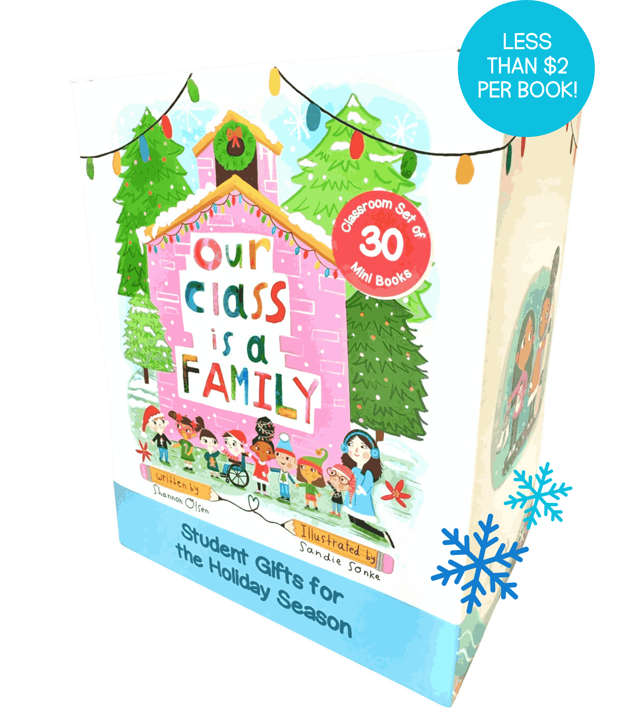 Box of Our Class is a Family mini books, illustrated cover showing diverse children and a teacher by a pink schoolhouse. Tag reads Classroom Set of 30 Mini Books and Student Gifts for the Holiday Season..