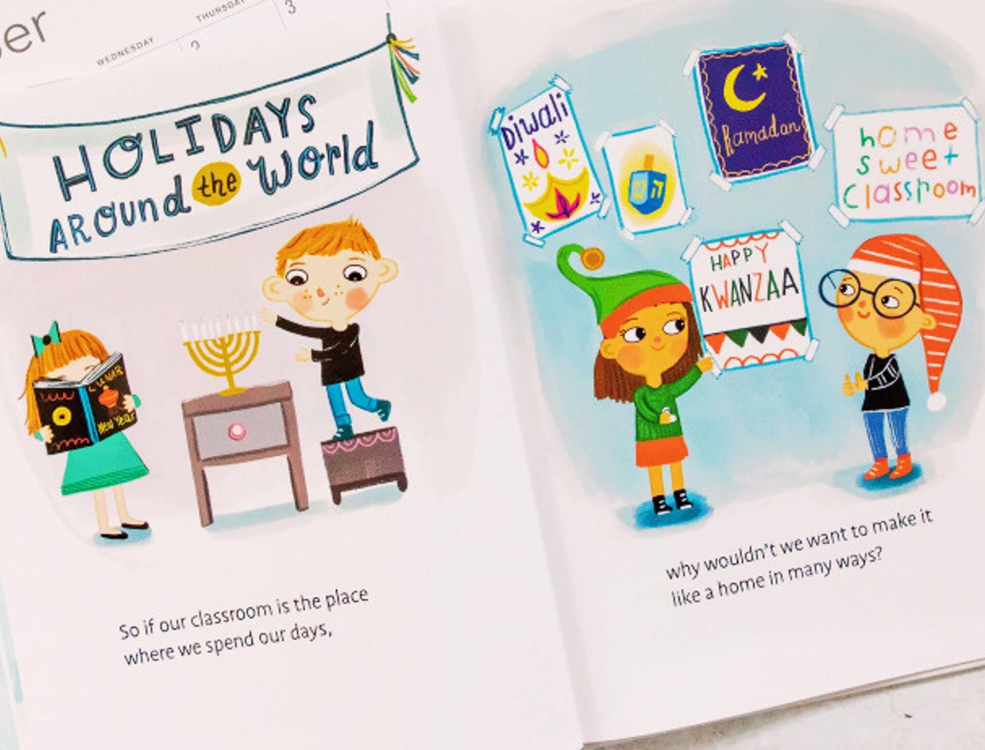 Two illustrated pages show children celebrating Hanukkah, Diwali, Kwanzaa, and decorating a home sweet classroom sign, highlighting holidays around the world.